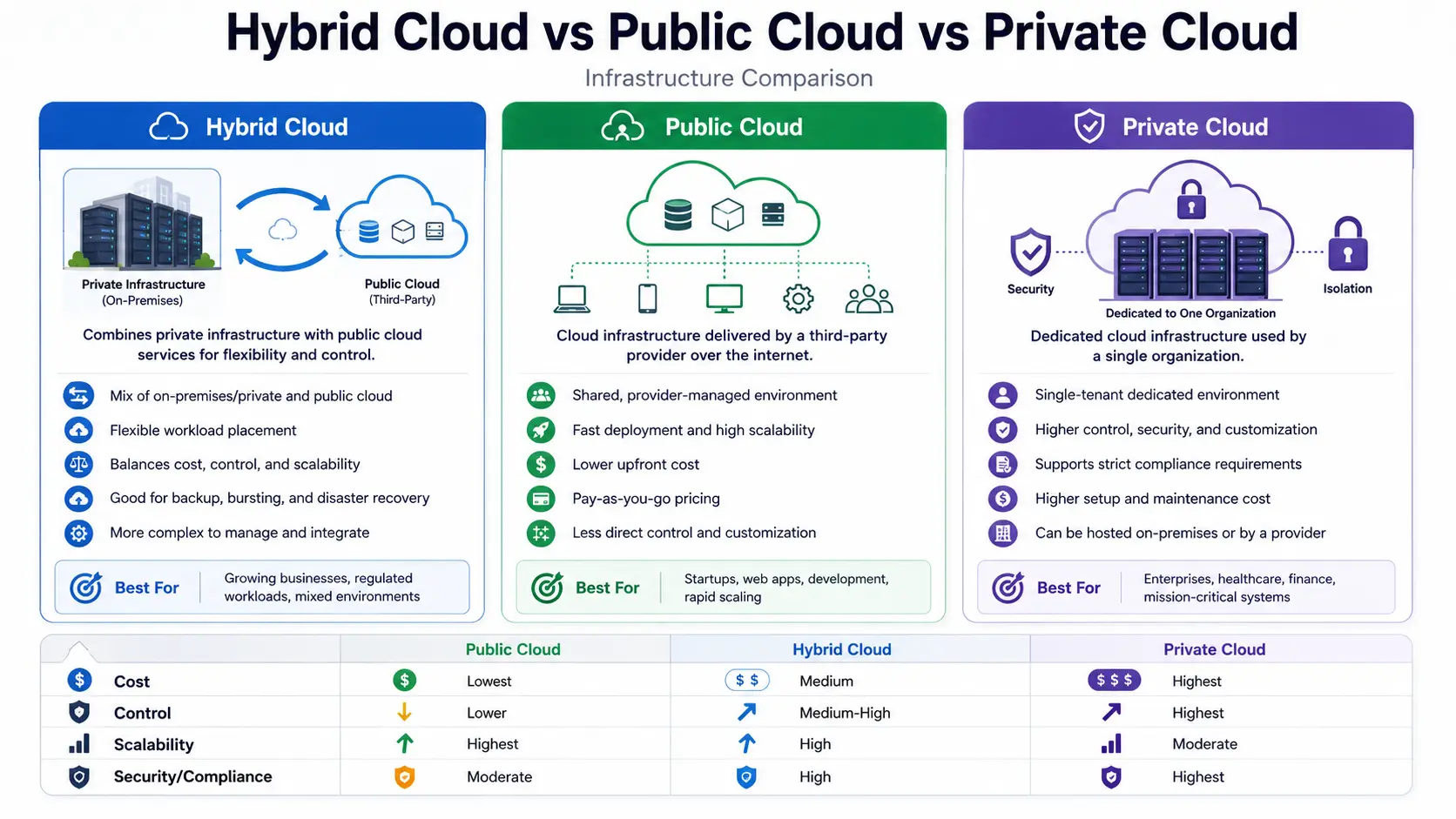 Hybrid cloud vs public cloud vs private cloud infrastructure comparison