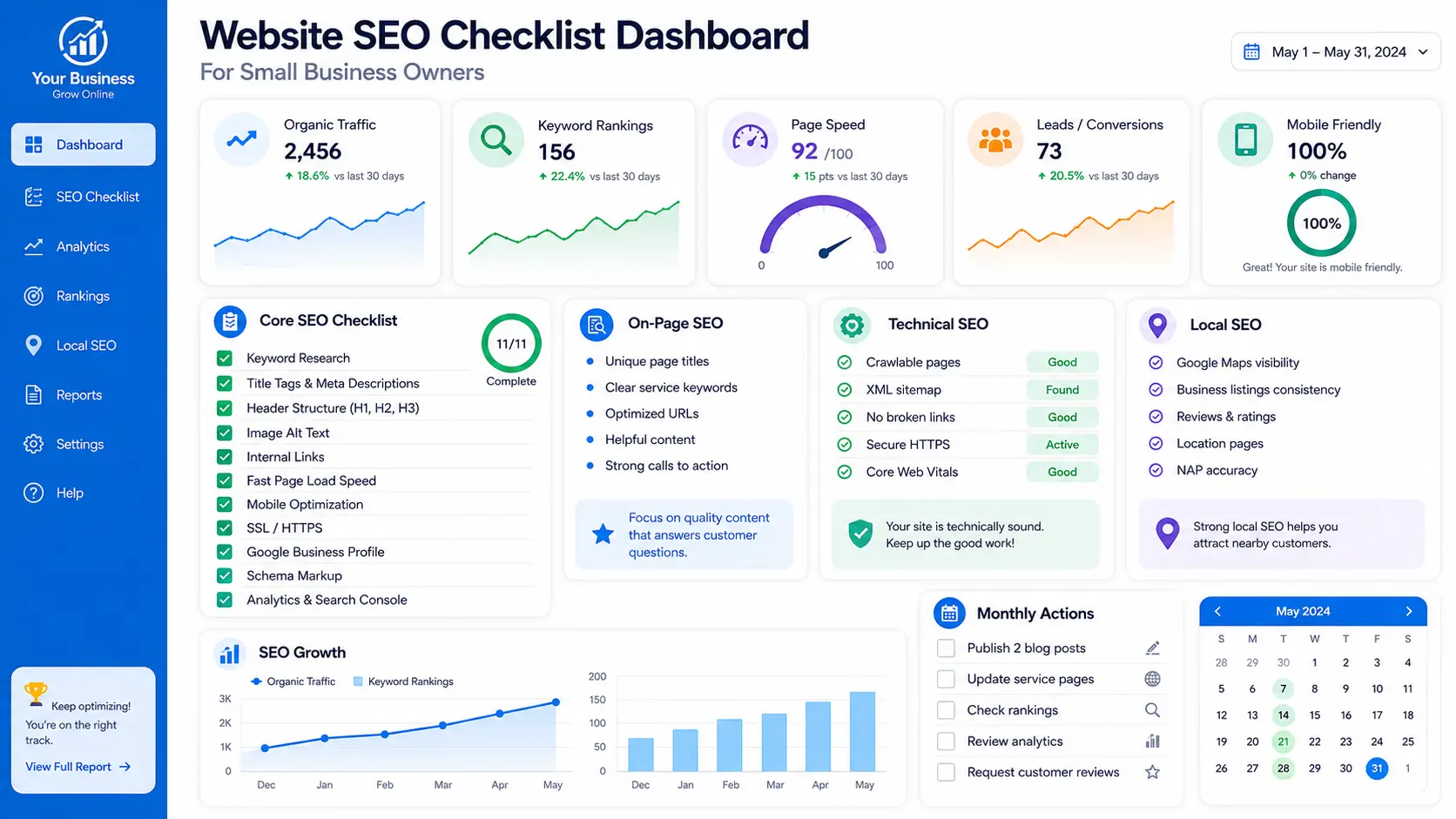 Website SEO checklist dashboard for small business owners