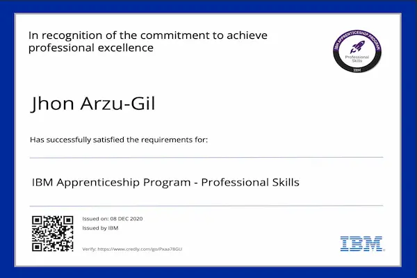 The IBM Apprenticeship Program – Professional Skills course equipped me with essential soft skills needed to succeed in both technical and collaborative work environments. It focused on developing key professional competencies that complement technical expertise and enhance team performance.

Key skills developed include:
Effective communication, both written and verbal, tailored to diverse audiences
Critical thinking and structured problem-solving approaches
Collaboration and teamwork in Agile and cross-functional environments
Adaptability and growth mindset, essential for fast-paced, evolving projects
Client engagement and presentation skills, supporting consulting and stakeholder interactions
Time management and prioritization to meet deadlines and deliver high-quality results

These skills were honed through hands-on projects, mentorship, and real-world scenarios, preparing me for success in roles that require both technical acumen and strong interpersonal collaboration..