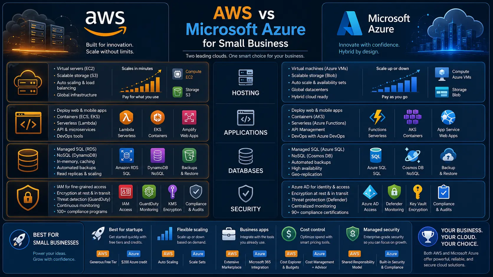 AWS versus Microsoft Azure cloud platform comparison for small business hosting, applications, databases, and security