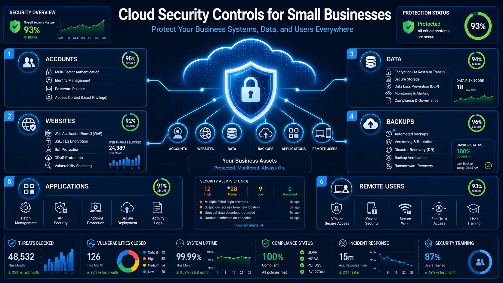 Cloud security controls protecting small business accounts, websites, data, backups, applications, and remote users