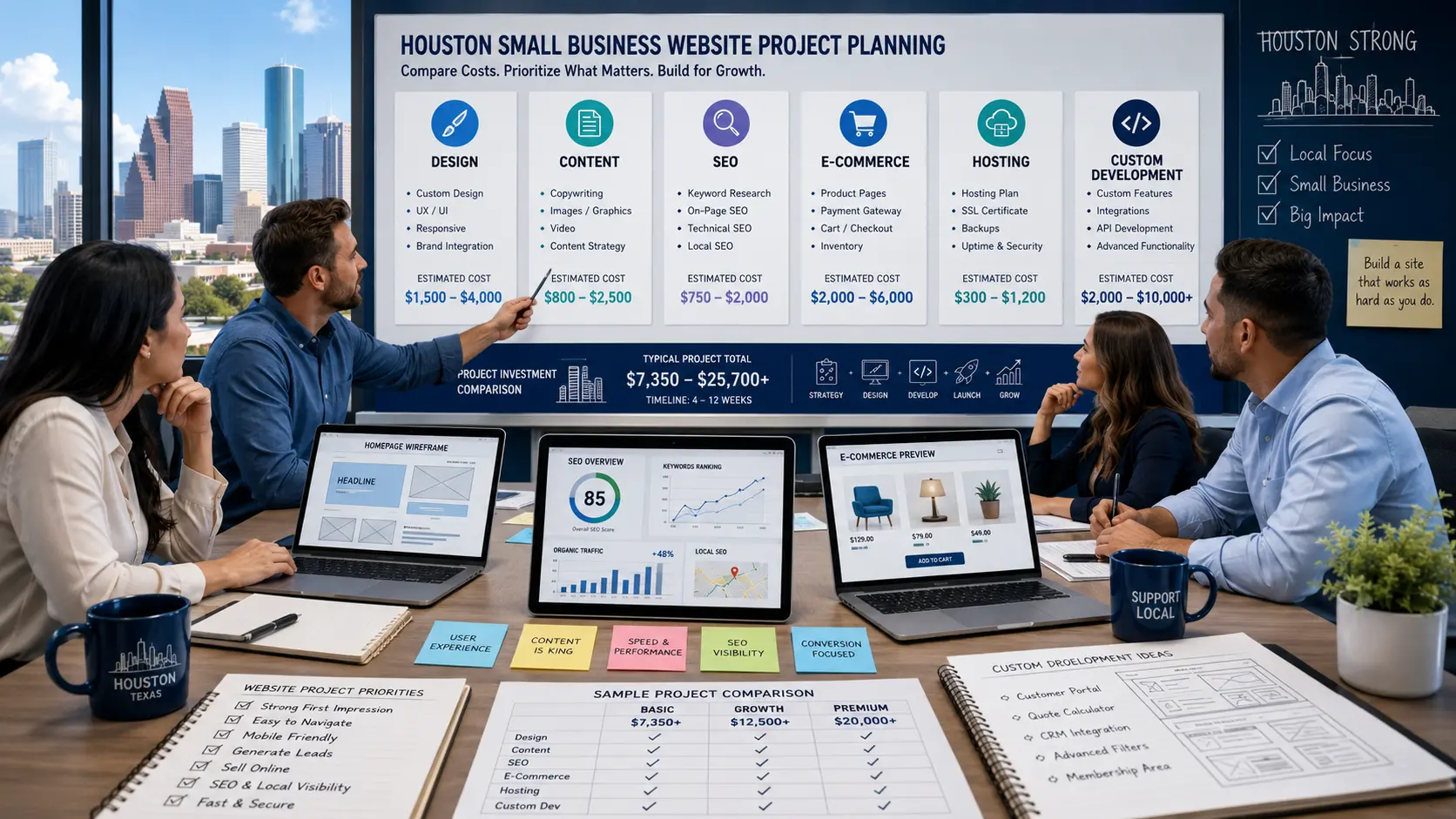 Houston small business website planning session comparing design, content, SEO, e-commerce, hosting, and custom development costs