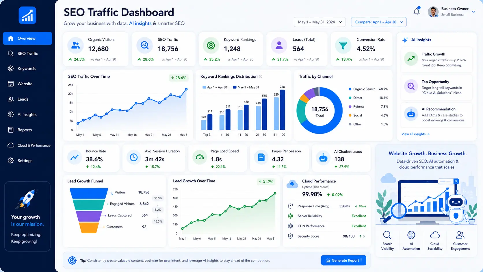 SEO traffic growth dashboard for Cloud Technology Computing website