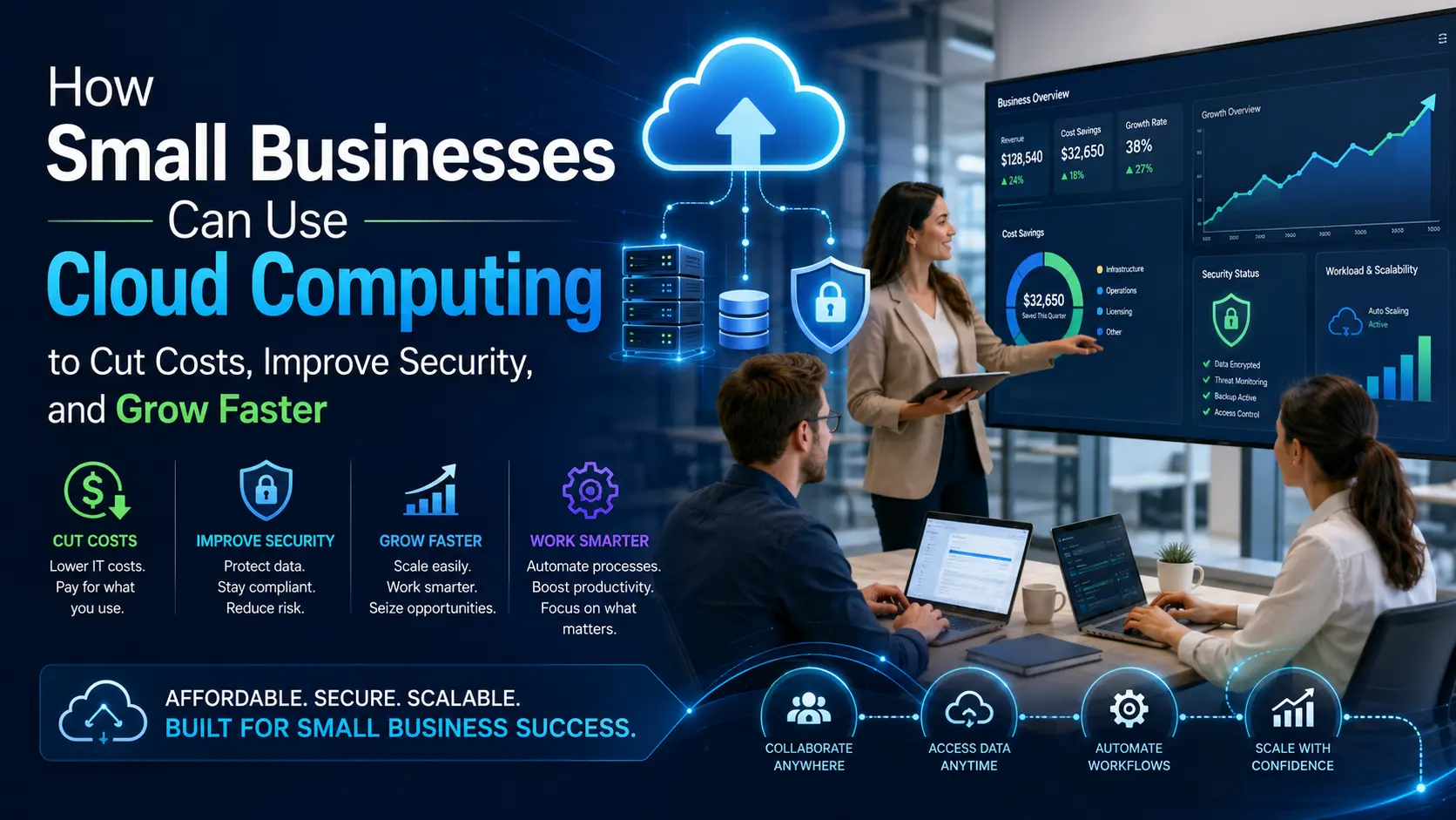 Small business cloud computing dashboard with secure cloud infrastructure, analytics, and automation tools